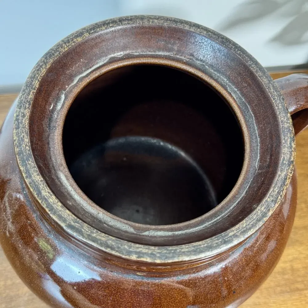 Vintage Bristol Pottery 3 Qt Brown Stoneware Bean Pot Crock w/ Lid Crown Mark